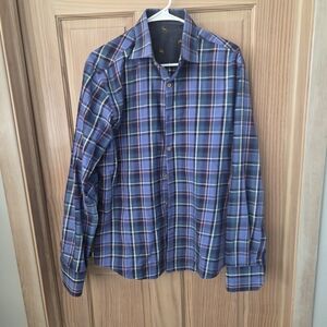 Men's Stone Rose Purple Plaid Button Down Long Sleeve Deer Cuffs Blue Large?
